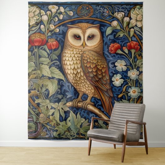 Tenture Hibou dans le jardin style William Morris (En situation)