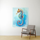 Tenture Hippocampe d'aquarelle sur Turquoise (En situation)