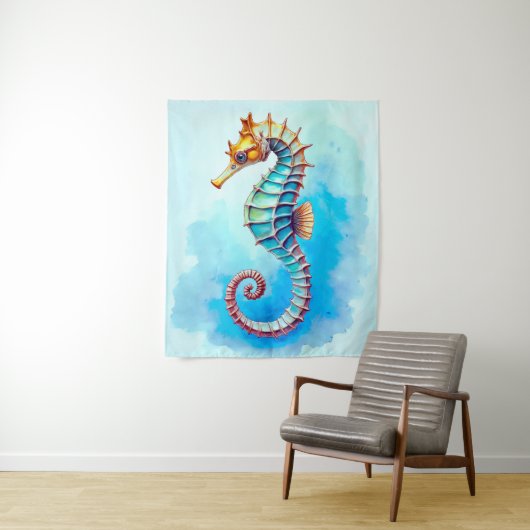 Tenture Hippocampe d'aquarelle sur Turquoise (En situation)