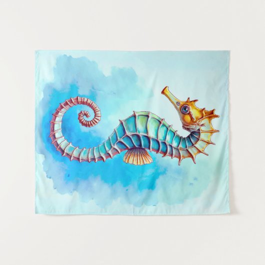 Tenture Hippocampe d'aquarelle sur Turquoise (Devant (Horizontal))