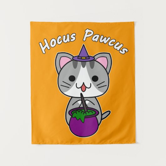 Tenture Hocus Pawcus - Chat tigré gris - Écriture blanche (Devant)