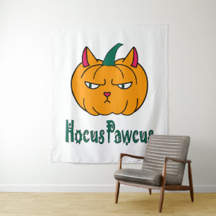 Tenture Hocus pawcus citrouille d'Halloween chat roux magi