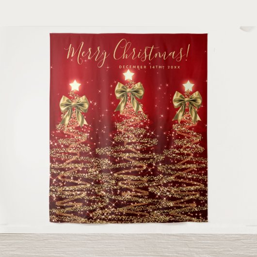 Tenture Holiday Backdrop Gold Red Christmas Trees w/ Bows (Devant)
