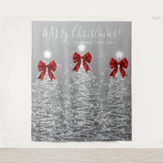 Tenture Holiday Backdrop Silver Christmas Trees Red Bows (Devant)