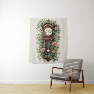 Tenture Horloge Vintage Entourée de Roses et de Vignes