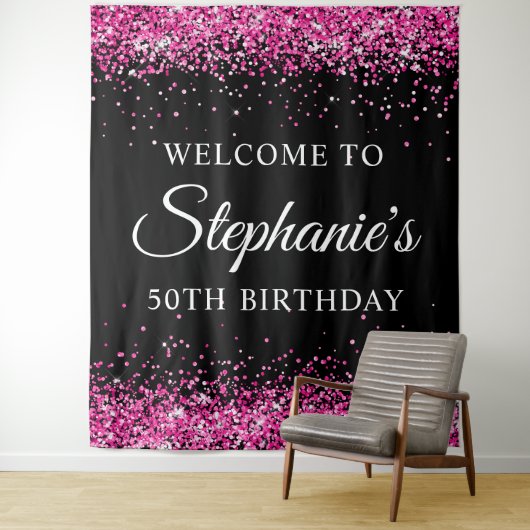 Tenture Hot Pink Glitter Black 50th Birthday Welcome (En situation)