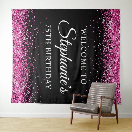 Tenture Hot Pink Glitter Black 75th Birthday Welcome (En situation (horizontale))
