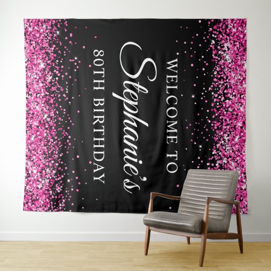Tenture Hot Pink Glitter Black 80th Birthday Welcome (En situation (horizontale))