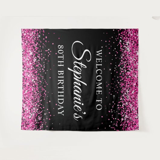 Tenture Hot Pink Glitter Black 80th Birthday Welcome (Devant (Horizontal))