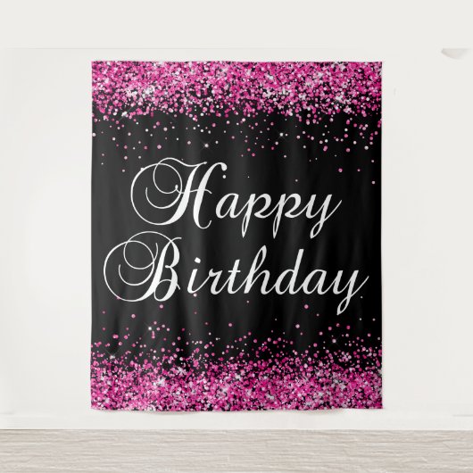 Tenture Hot Pink Glitter Black Happy Birthday (Devant)