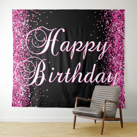 Tenture Hot Pink Glitter Black Happy Birthday Calligraphy (En situation (horizontale))