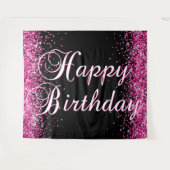 Tenture Hot Pink Glitter Black Happy Birthday Calligraphy (Devant (Horizontal))