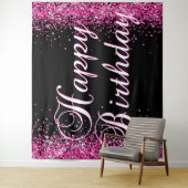 Tenture Hot Pink Glitter Black Happy Birthday Calligraphy (En situation)