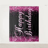 Tenture Hot Pink Glitter Black Happy Birthday Calligraphy (Devant)