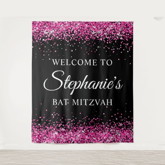 Tenture Hot Pink Glitter Black Sweet 16 Birthday Welcome (Devant)