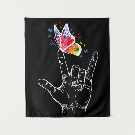 Tenture I Love You Hand Sign Language Butterfly Autism (Devant)