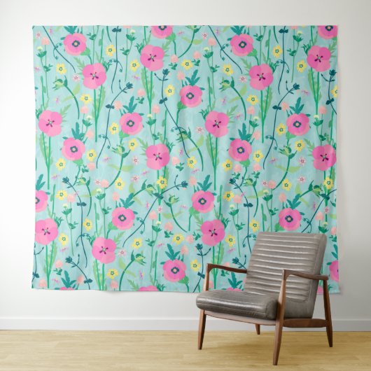 Tenture Illustration de Summer Meadow Floral Nature Teal (En situation (horizontale))