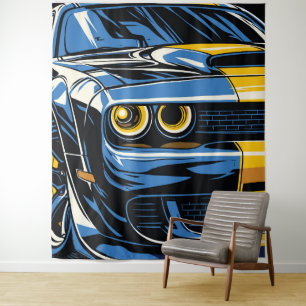 Tenture Illustration Pop Art d'une Muscle Car rétro bleue