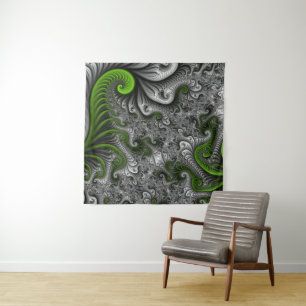 Tenture Imaginaire Monde Vert Et Gris Art Fractal Abstrait