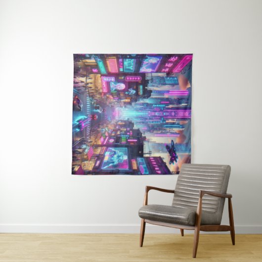 Tenture Imaginaire urbain dynamique Neon Cyberpunk | (En situation (horizontale))