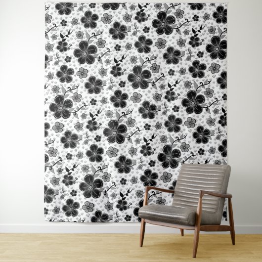 Tenture Impression florale noire et blanche (En situation)