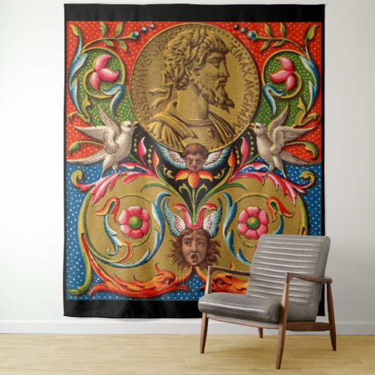 Tenture Imprimé du 15ème siècle César oiseaux fleurs etc (En situation)