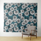 Tenture Jardin blanc Dahlia / feuilles bleus 2 (En situation (horizontale))