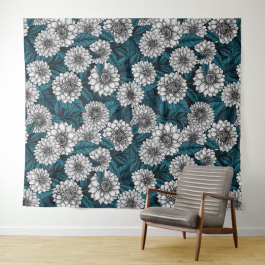 Tenture Jardin blanc Dahlia / feuilles bleus 2 (En situation (horizontale))