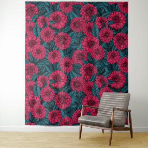 Tenture Jardin de Dahlia Rouge/feuilles bleus