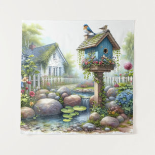 Tenture Jardin de maisonnette à l'aquarelle avec nichoir à