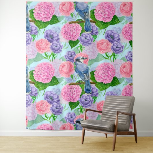 Tenture Jay bleu et fleurs motif aquarelle (En situation)