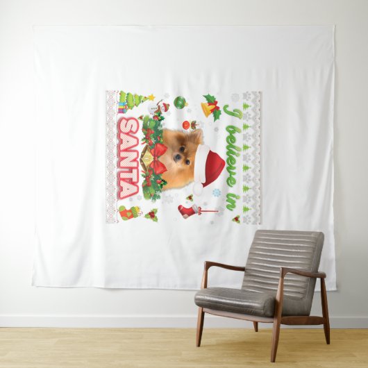 Tenture Je Crois En Père Noël Pomeranian Chien Noël (En situation (horizontale))