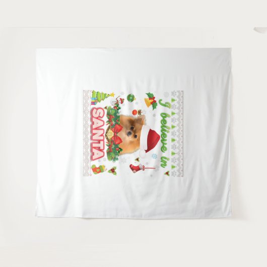 Tenture Je Crois En Père Noël Pomeranian Chien Noël (Devant (Horizontal))
