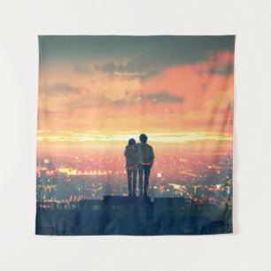 Tenture jeune couple debout sur le toit en regardant c