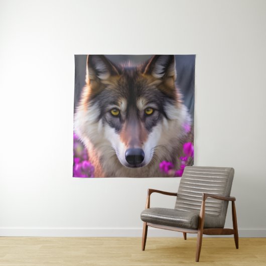 Tenture Jeune loup en fleurs rose fuchsia (En situation)