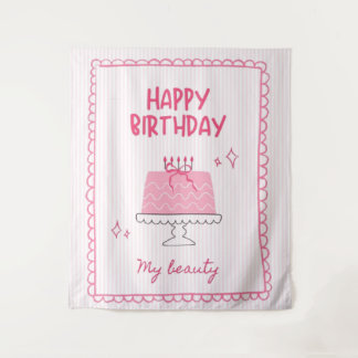 Tenture Joli gâteau d'anniversaire rose "Joyeux Anniversai