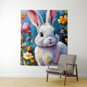 Tenture Joli Lapin Blanc Entouré de Fleurs Vibrantes