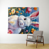 Tenture Joli Lapin Blanc Entouré de Fleurs Vibrantes (En situation (horizontale))