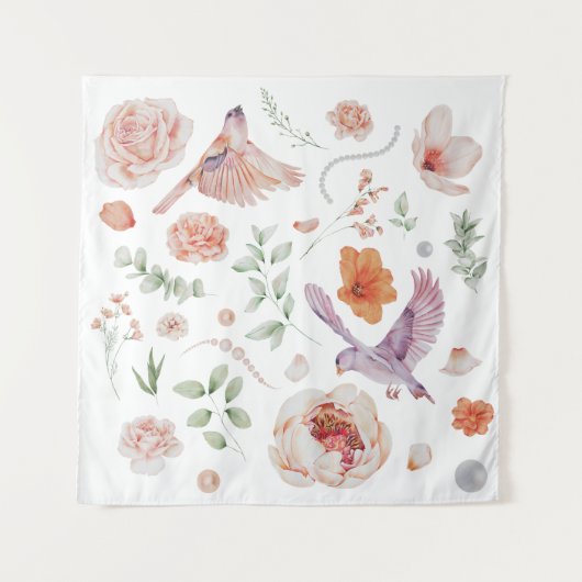 Tenture Joli motif floral à l'aquarelle avec colibri (Devant)