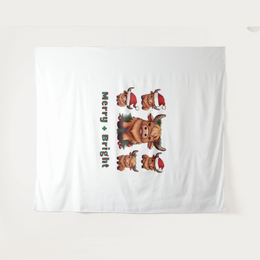 Tenture Joli Noël de vache Highland Joyeux et brillant, Sc (Devant (Horizontal))