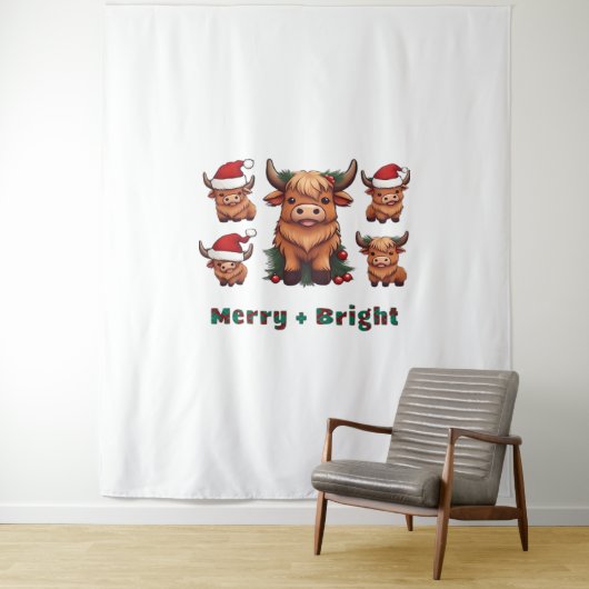 Tenture Joli Noël de vache Highland Joyeux et brillant, Sc (En situation)