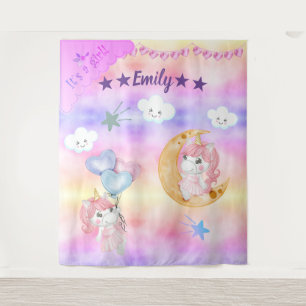 Tenture Jolie Fille Licorne Rose Assise Sur La Lune Bébé