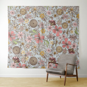 Tenture Jolie fille Vieux Rose Rose Floral Doodles Design