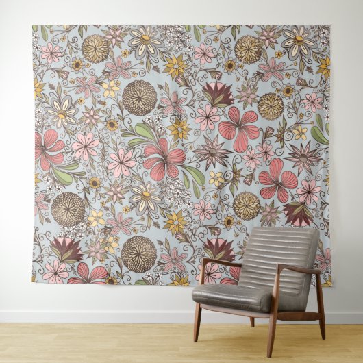 Tenture Jolie fille Vieux Rose Rose Floral Doodles Design (En situation (horizontale))