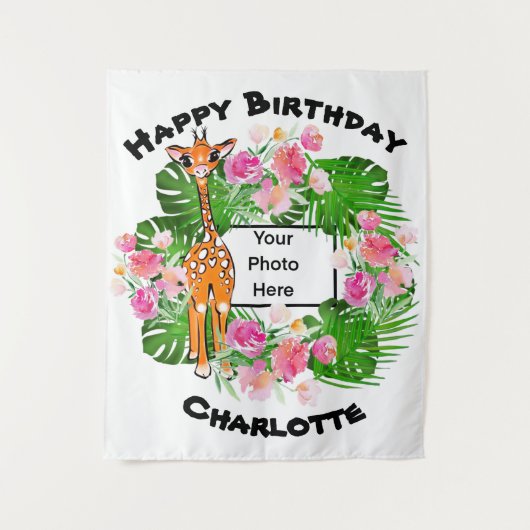 Tenture Jolie girafe Safari d'anniversaire | forêt tropica (Devant)