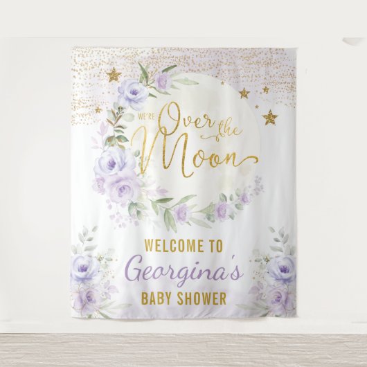 Tenture Jolie Lune Étoiles Fleurs Violettes Bienvenue Bébé (Devant)
