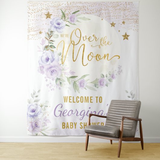Tenture Jolie Lune Étoiles Fleurs Violettes Florales Bienv (En situation)