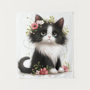 Tenture Jolie Tuxedo Kitten avec des fleurs Jeu d'oreiller