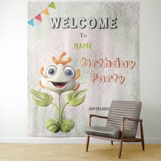 Tenture Joyeuse Fleur Blanche Anniversaire (En situation)