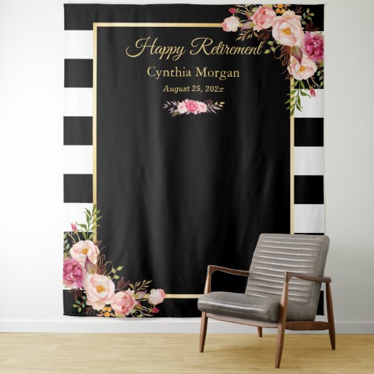 Tenture Joyeuse Retraite Fond Floral à Rayures NB (En situation)